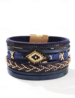 Boho Beaded Multilayer Leather Bracelet – Women's Trendy Wrap Bracelet with Magnetic Clasp for Casual and Bohemian Styles