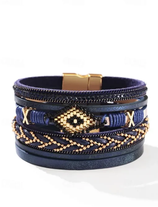 Boho Beaded Multilayer Leather Bracelet – Women's Trendy Wrap Bracelet with Magnetic Clasp for Casual and Bohemian Styles