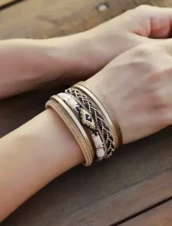 Boho Beaded Multilayer Leather Bracelet – Women's Trendy Wrap Bracelet with Magnetic Clasp for Casual and Bohemian Styles