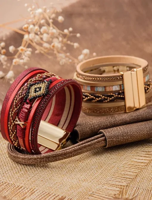 Boho Beaded Multilayer Leather Bracelet – Women's Trendy Wrap Bracelet with Magnetic Clasp for Casual and Bohemian Styles