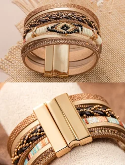 Boho Beaded Multilayer Leather Bracelet – Women's Trendy Wrap Bracelet with Magnetic Clasp for Casual and Bohemian Styles