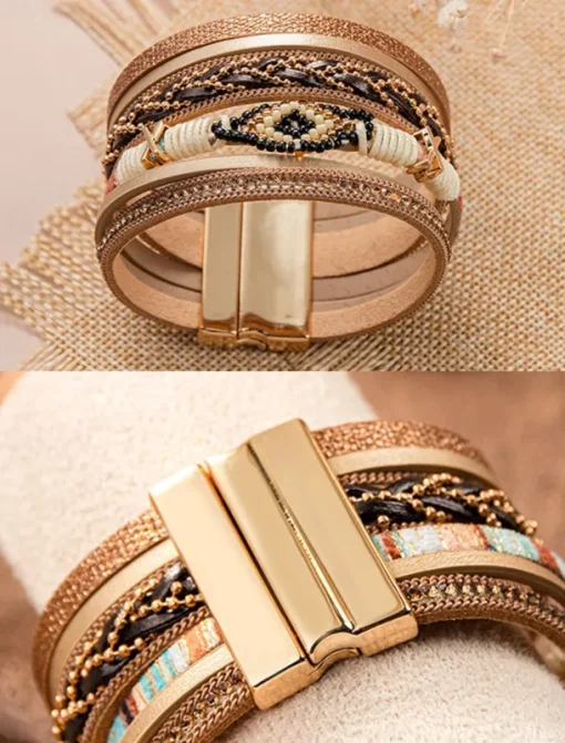 Boho Beaded Multilayer Leather Bracelet – Women's Trendy Wrap Bracelet with Magnetic Clasp for Casual and Bohemian Styles