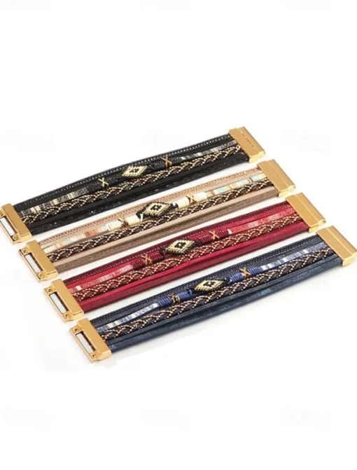 Boho Beaded Multilayer Leather Bracelet – Women's Trendy Wrap Bracelet with Magnetic Clasp for Casual and Bohemian Styles