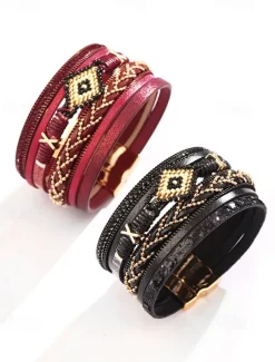 Boho Beaded Multilayer Leather Bracelet – Women's Trendy Wrap Bracelet with Magnetic Clasp for Casual and Bohemian Styles