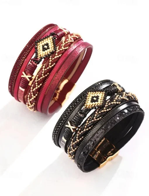Boho Beaded Multilayer Leather Bracelet – Women's Trendy Wrap Bracelet with Magnetic Clasp for Casual and Bohemian Styles