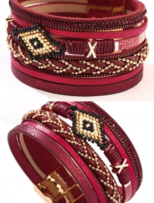 Boho Beaded Multilayer Leather Bracelet – Women's Trendy Wrap Bracelet with Magnetic Clasp for Casual and Bohemian Styles