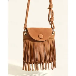 Boho Chic Suede Fringe Crossbody Bag - Stylish Tan Shoulder Purse Perfect for Casual Outings