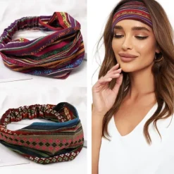 Boho Headbands for Women Girls Wide Hippie Hair Accessories Colorful Stripe Head Bands for Women's Hair Fashion Hairbands Turban Headwraps Non Slip