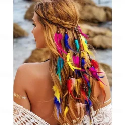 Boho Rainbow Indian Headbands Hippie Feather Headdress Adjustable Long Feather Hair Accessories for Women and Girls