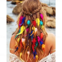 Boho Rainbow Indian Headbands Hippie Feather Headdress Adjustable Long Feather Hair Accessories for Women and Girls