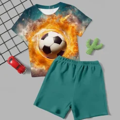 Boys 3D Football Tee & Pants Pajama Sets Short Sleeve 3D Print Summer Active Fashion Daily Kids 3-12 Years Crew Neck Home Causal Indoor Regular Fit