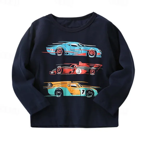 Boys 3D Graphic Car Tee Long Sleeve Spring Fall Fashion Basic Little Kids(4-7ys) 4-7 Years Crew Neck Outdoor Casual Daily Regular Fit