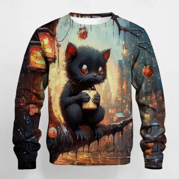 Boys 3D Graphic Cartoon Cat T shirt Tee Long Sleeve Spring Fall Fashion Basic Kids 4-12 Years Crew Neck Outdoor Casual Daily Regular Fit