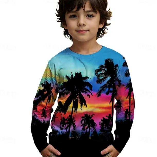 Boys 3D Graphic Coconut Tree T shirt Tee Long Sleeve Spring Fall Fashion Basic Kids 4-12 Years Crew Neck Outdoor Casual Daily Regular Fit
