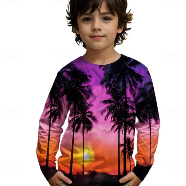 Boys 3D Graphic Coconut Tree T shirt Tee Long Sleeve Spring Fall Fashion Basic Kids 4-12 Years Crew Neck Outdoor Casual Daily Regular Fit