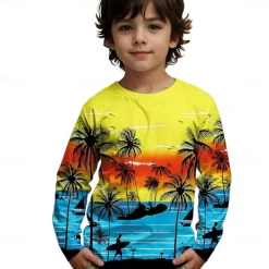 Boys 3D Graphic Coconut Tree T shirt Tee Long Sleeve Spring Fall Fashion Basic Kids 4-12 Years Crew Neck Outdoor Casual Daily Regular Fit
