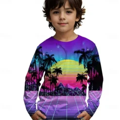 Boys 3D Graphic Coconut Tree T shirt Tee Long Sleeve Spring Fall Fashion Basic Kids 4-12 Years Crew Neck Outdoor Casual Daily Regular Fit