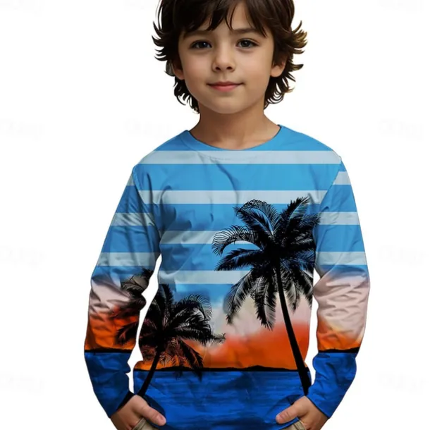 Boys 3D Graphic Coconut Tree T shirt Tee Long Sleeve Spring Fall Fashion Basic Kids 4-12 Years Crew Neck Outdoor Casual Daily Regular Fit