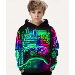 Boys 3D Graphic Game Hoodie Long Sleeve Spring Fall Fashion Streetwear Kids 4-12 Years Hooded Outdoor Casual Daily Regular Fit