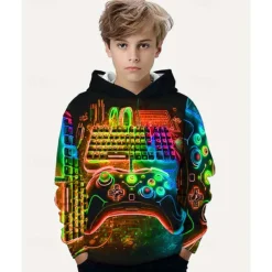 Boys 3D Graphic Game Hoodie Long Sleeve Spring Fall Fashion Streetwear Kids 4-12 Years Hooded Outdoor Casual Daily Regular Fit