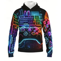 Boys 3D Graphic Game Hoodie Long Sleeve Spring Fall Fashion Streetwear Kids 4-12 Years Hooded Outdoor Casual Daily Regular Fit