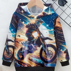 Boys 3D Graphic Motorcycle Hoodie Long Sleeve Fall Winter Fashion Basic Kids 4-12 Years Hooded Outdoor Casual Daily Regular Fit
