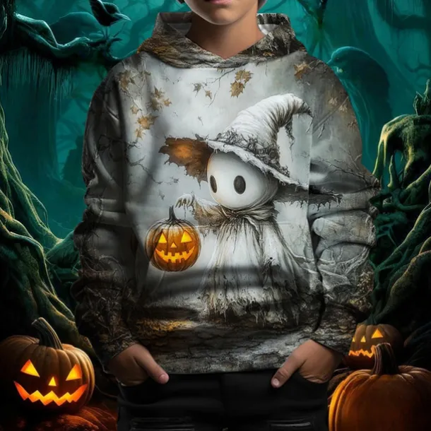 Boys 3D Graphic Pumpkin Ghost Hoodie Long Sleeve Spring Fall Fashion Streetwear Kids 4-12 Years Hooded Outdoor Casual Daily Regular Fit