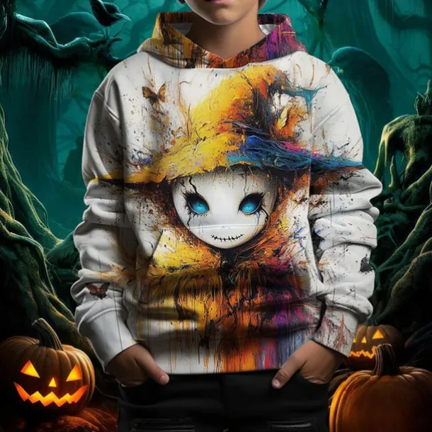 Boys 3D Graphic Pumpkin Ghost Hoodie Long Sleeve Spring Fall Fashion Streetwear Kids 4-12 Years Hooded Outdoor Casual Daily Regular Fit