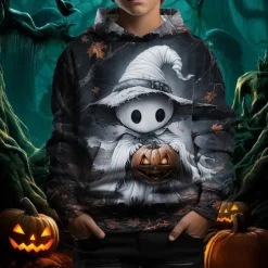 Boys 3D Graphic Pumpkin Ghost Hoodie Long Sleeve Spring Fall Fashion Streetwear Kids 4-12 Years Hooded Outdoor Casual Daily Regular Fit