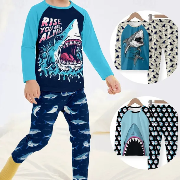 Boys 3D Shark Pajama Sets Long Sleeve 3D Print Fall Winter Fashion Cool Daily Kids 3-12 Years Crew Neck Home Causal Indoor Regular Fit