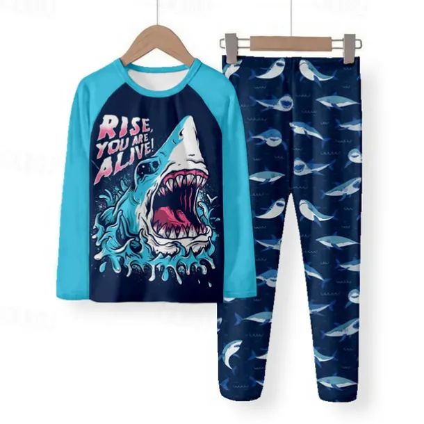 Boys 3D Shark Pajama Sets Long Sleeve 3D Print Fall Winter Fashion Cool Daily Kids 3-12 Years Crew Neck Home Causal Indoor Regular Fit
