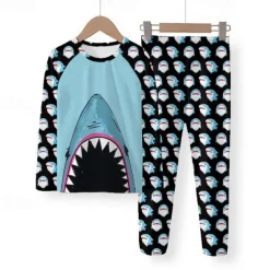 Boys 3D Shark Pajama Sets Long Sleeve 3D Print Fall Winter Fashion Cool Daily Kids 3-12 Years Crew Neck Home Causal Indoor Regular Fit