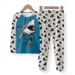 Boys 3D Shark Pajama Sets Long Sleeve 3D Print Fall Winter Fashion Cool Daily Kids 3-12 Years Crew Neck Home Causal Indoor Regular Fit
