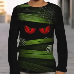 Boys 3D Skull Optical Illusion T shirt Tee Long Sleeve 3D Print Fall Winter Sports Fashion Streetwear Kids 3-12 Years Outdoor Halloween Regular Fit