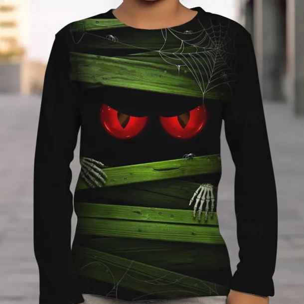 Boys 3D Skull Optical Illusion T shirt Tee Long Sleeve 3D Print Fall Winter Sports Fashion Streetwear Kids 3-12 Years Outdoor Halloween Regular Fit