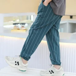 Boys Linen Pants Kids Boys Pants Trousers Pocket Stripe Breathable Comfort Pants Outdoor Fashion Daily Basic Black White Dark Green Mid Waist