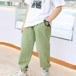 Boys Linen Pants Kids Boys Pants Trousers Pocket Stripe Breathable Comfort Pants Outdoor Fashion Daily Basic Black White Dark Green Mid Waist