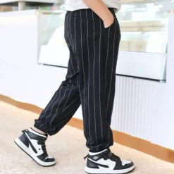 Boys Linen Pants Kids Boys Pants Trousers Pocket Stripe Breathable Comfort Pants Outdoor Fashion Daily Basic Black White Dark Green Mid Waist