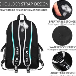 Boys' Luminous School Backpack with USB Charging Port and Lock – Waterproof Teen Bookbag with Headphone Jack for Middle School, Travel, or Daily Use