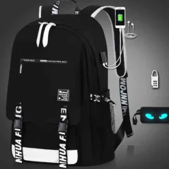 Boys' Luminous School Backpack with USB Charging Port and Lock – Waterproof Teen Bookbag with Headphone Jack for Middle School, Travel, or Daily Use