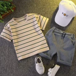 Boys' Summer Clothing Children's Short sleeved Set Summer New Children's Boys and Babies Fashion Stripe Polo Shirt Two piece Set Trendy
