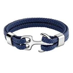 bracelet for men, sturdy cowhide leather bracelet, multilayer vintage anchor bracelet wrap cuff - blue with silver anchor