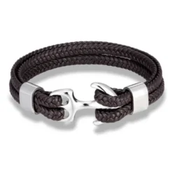 bracelet for men, sturdy cowhide leather bracelet, multilayer vintage anchor bracelet wrap cuff - blue with silver anchor