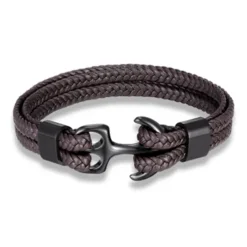 bracelet for men, sturdy cowhide leather bracelet, multilayer vintage anchor bracelet wrap cuff - blue with silver anchor