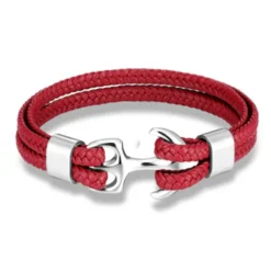 bracelet for men, sturdy cowhide leather bracelet, multilayer vintage anchor bracelet wrap cuff - blue with silver anchor