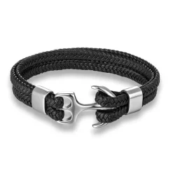 bracelet for men, sturdy cowhide leather bracelet, multilayer vintage anchor bracelet wrap cuff - blue with silver anchor