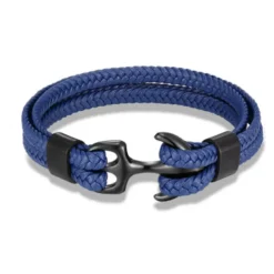bracelet for men, sturdy cowhide leather bracelet, multilayer vintage anchor bracelet wrap cuff - blue with silver anchor