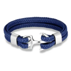 bracelet for men, sturdy cowhide leather bracelet, multilayer vintage anchor bracelet wrap cuff - blue with silver anchor