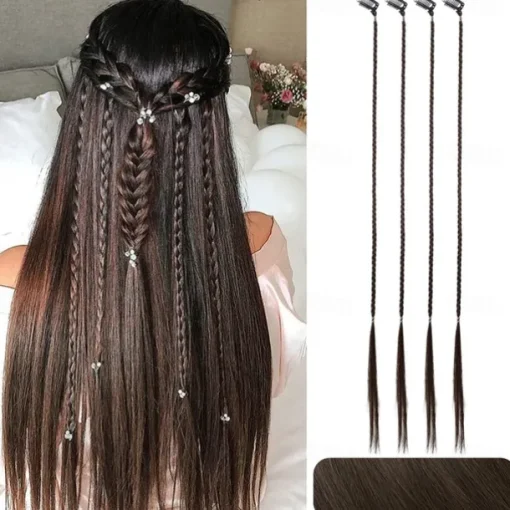Braid Hair Extensions 4 PCS Baby Braids Front Side Bang Curtain Bang Clip in Hair Extensions Long Braided Hair Piece Natural Soft Synthetic Hair for Women Daily Wear 20 Inch Cool Light Blonde