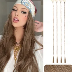 Braid Hair Extensions 4 PCS Baby Braids Front Side Bang Curtain Bang Clip in Hair Extensions Long Braided Hair Piece Natural Soft Synthetic Hair for Women Daily Wear 20 Inch Cool Light Blonde